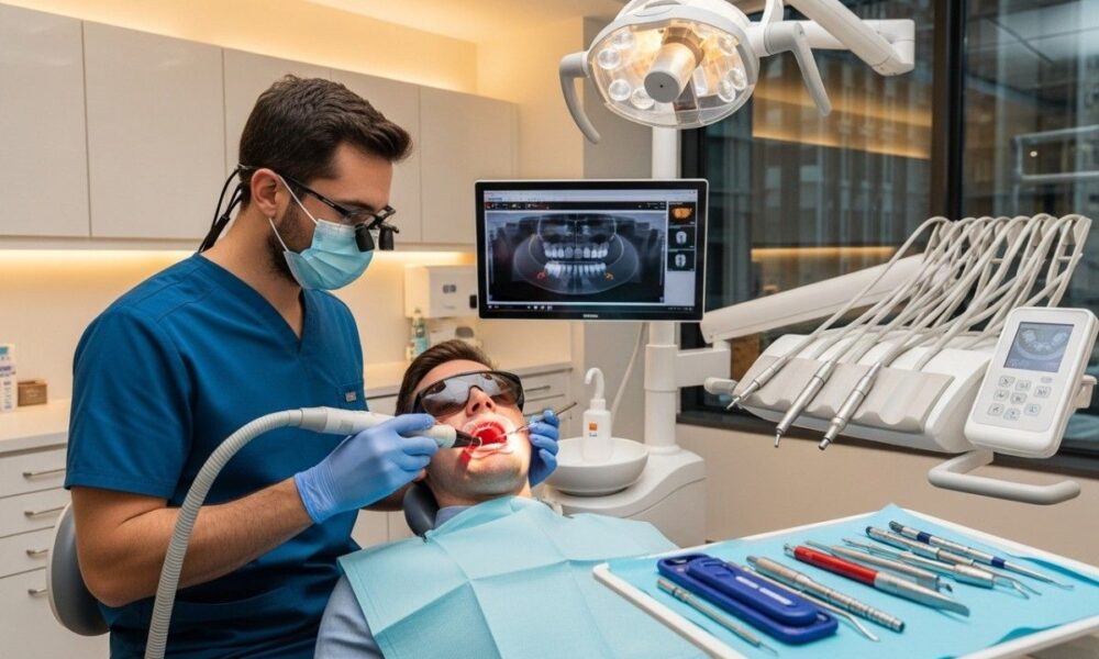 Doctor performing Laser Gum Treatment with modern equipments.