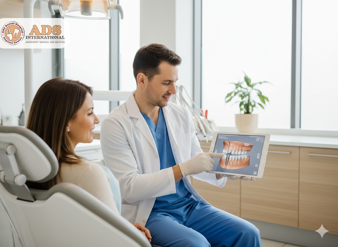 How Long Is Recovery After Tooth Implants? 1 Dentist explaining Recovery after tooth implants with illustration