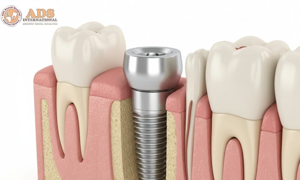 How Long Is Recovery After Tooth Implants? 2 "Close-up of a dental implant being placed in the jawbone, showing the titanium screw and Recovery After Tooth Implants
