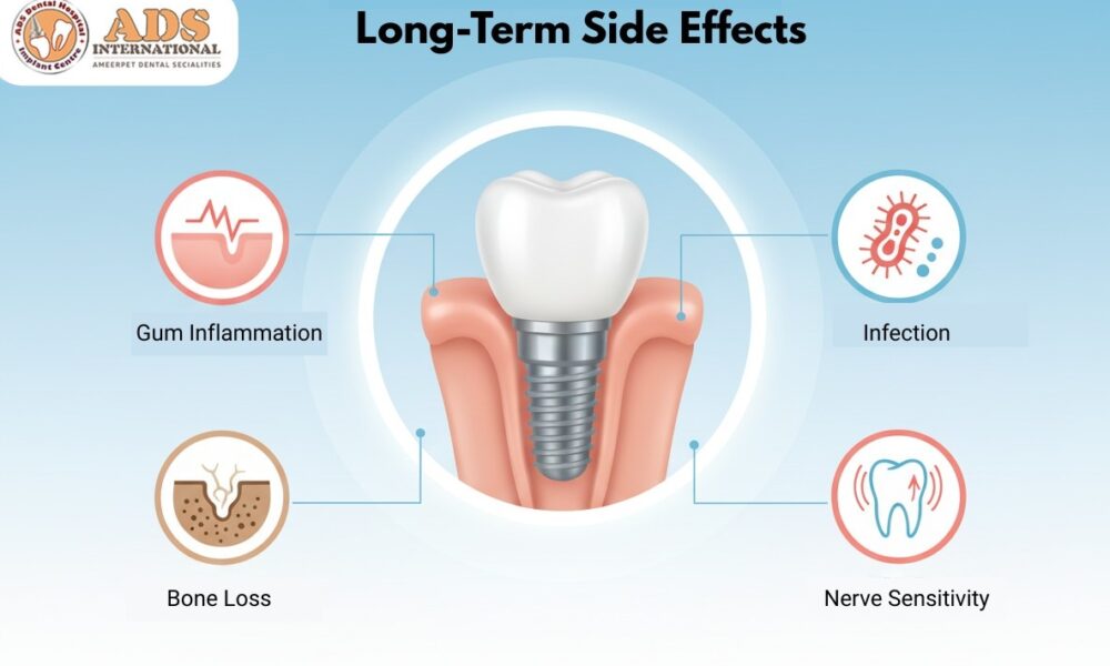 Long-Term Side Effects of Dental Implants? 2 Illustration showing the long-term side effects of dental implants: gum inflammation, infection, bone loss, and nerve sensitivity.