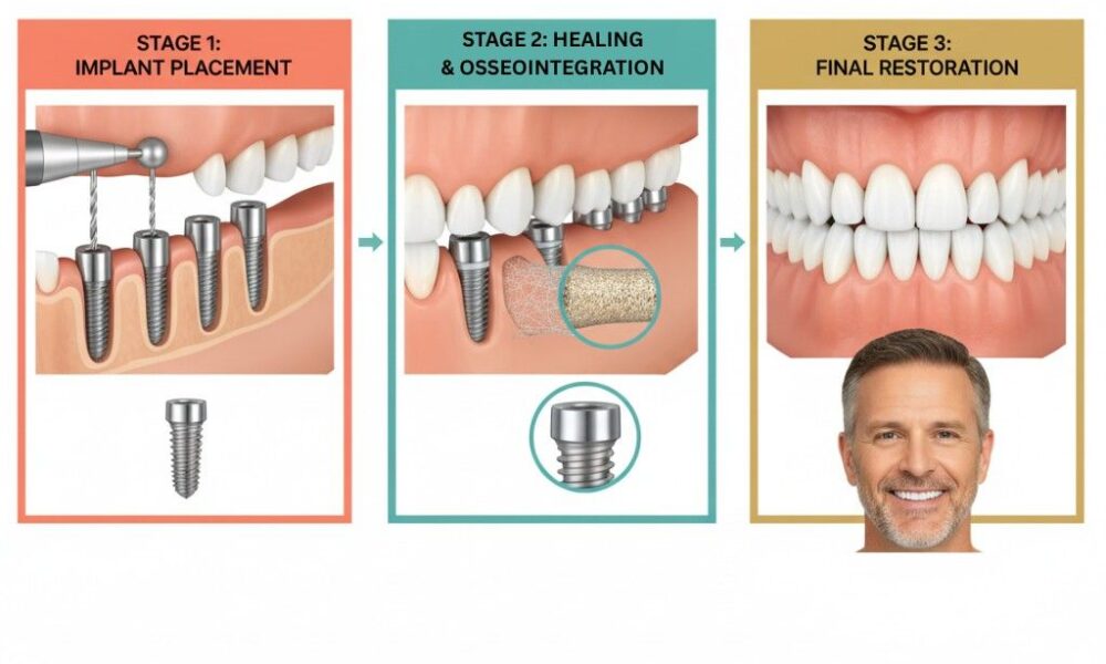 Full Mouth Dental Implants in Hyderabad 2 Visual guide to dental implants: surgical placement, healing phase, and final crown restoration.