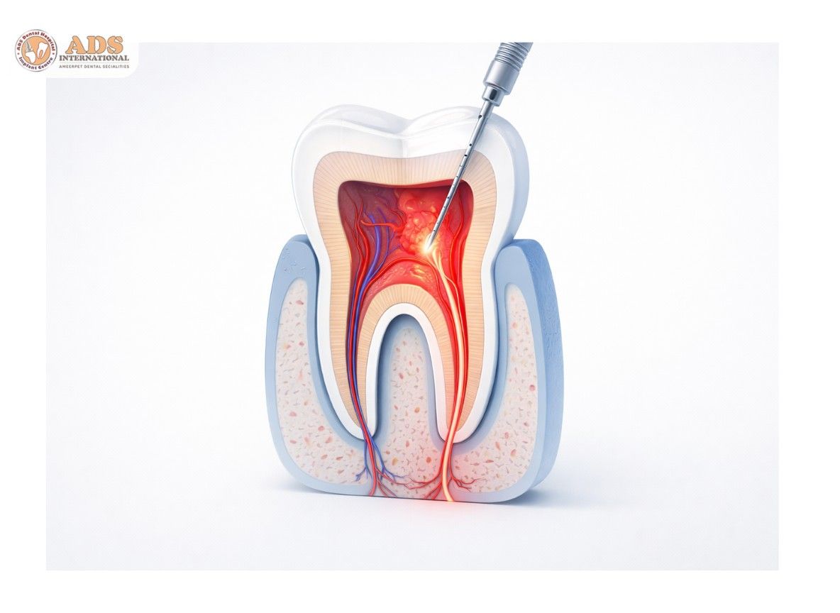 Is Root Canal Painful? Tooth cross section showing infected pulp and root canal treatment removing pain and infection