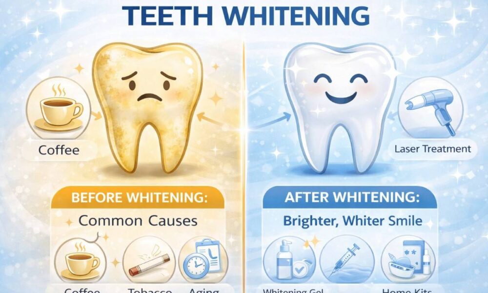 Teeth Whitening Treatment: Before and after comparison showing stained teeth from coffee, tobacco, aging, and after whitening with laser treatment