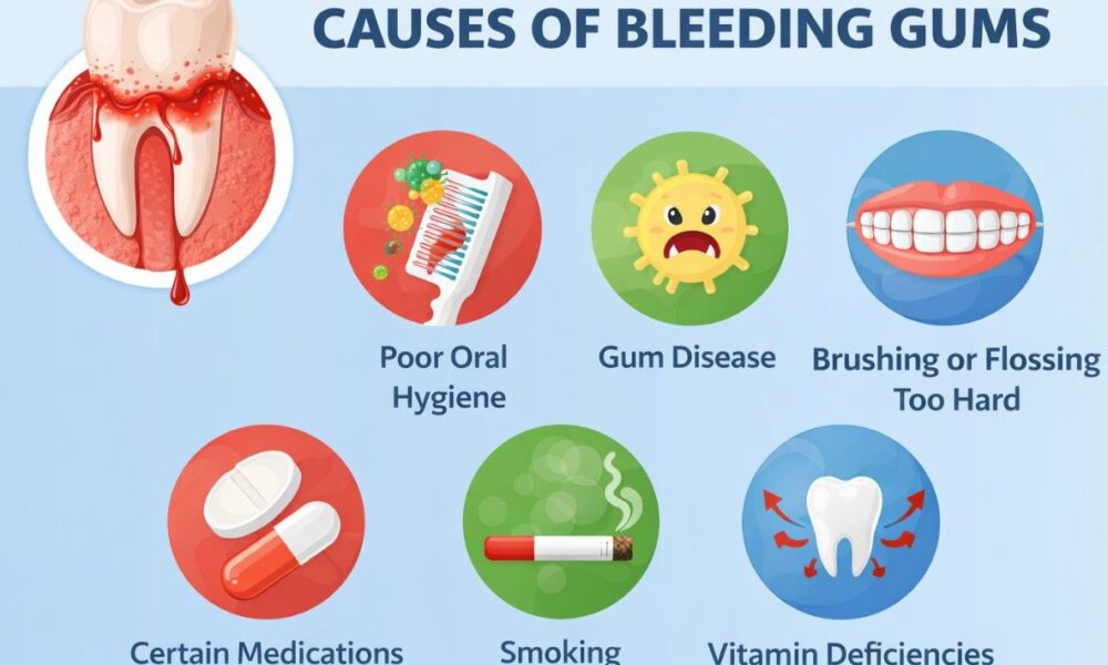 Bleeding gums causes infographic showing poor oral hygiene, gum disease, smoking, vitamin deficiency and brushing habits