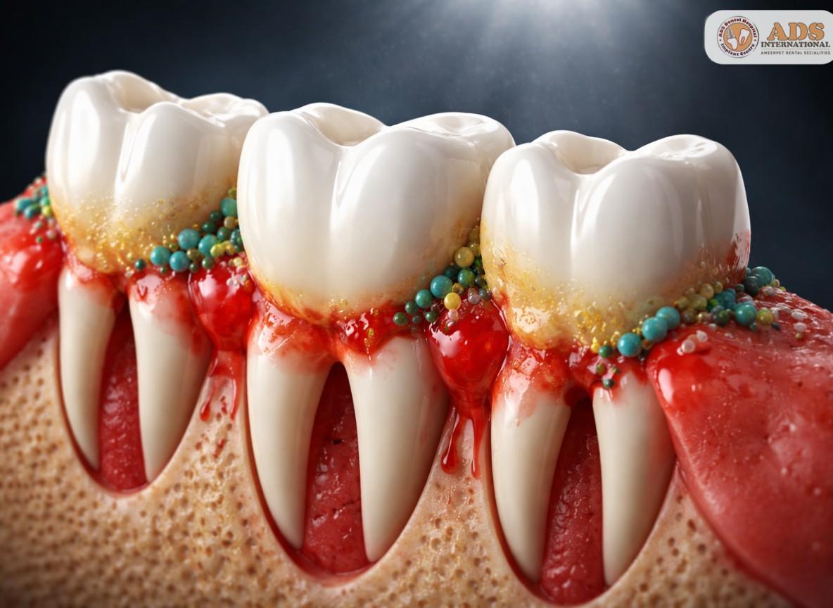 Bleeding gums with plaque buildup around teeth, inflamed gum line and bacteria causing redness and oral infection